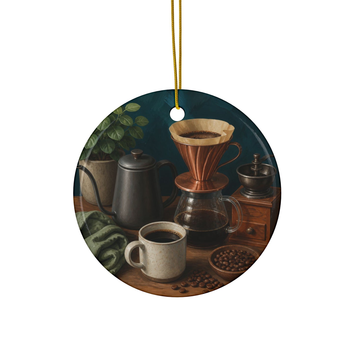 Warm Home Coffee Brewing Art Ceramic Ornament, Holiday Keepsake and Gift