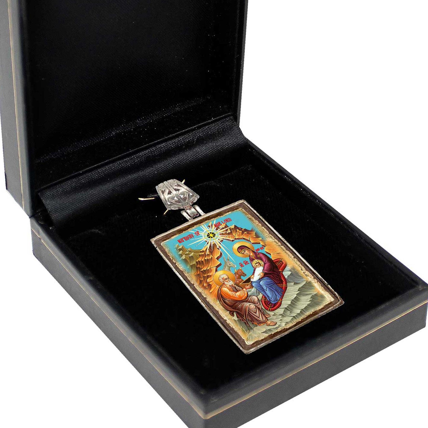 Nativity Religious Jewelry Silver Plated Necklace, Gold-Plated Wooden Cabochon - Orthodox Sacred Icon - Inspirational Icon Decor - 43052R