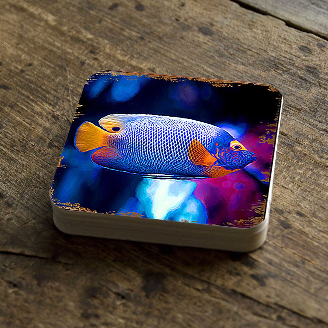Tropical Fish Coastal Wooden Cork Coasters Gift Set of 4 by Nature Wonders - Coastal Sea-Life Decor - 95251C-S4