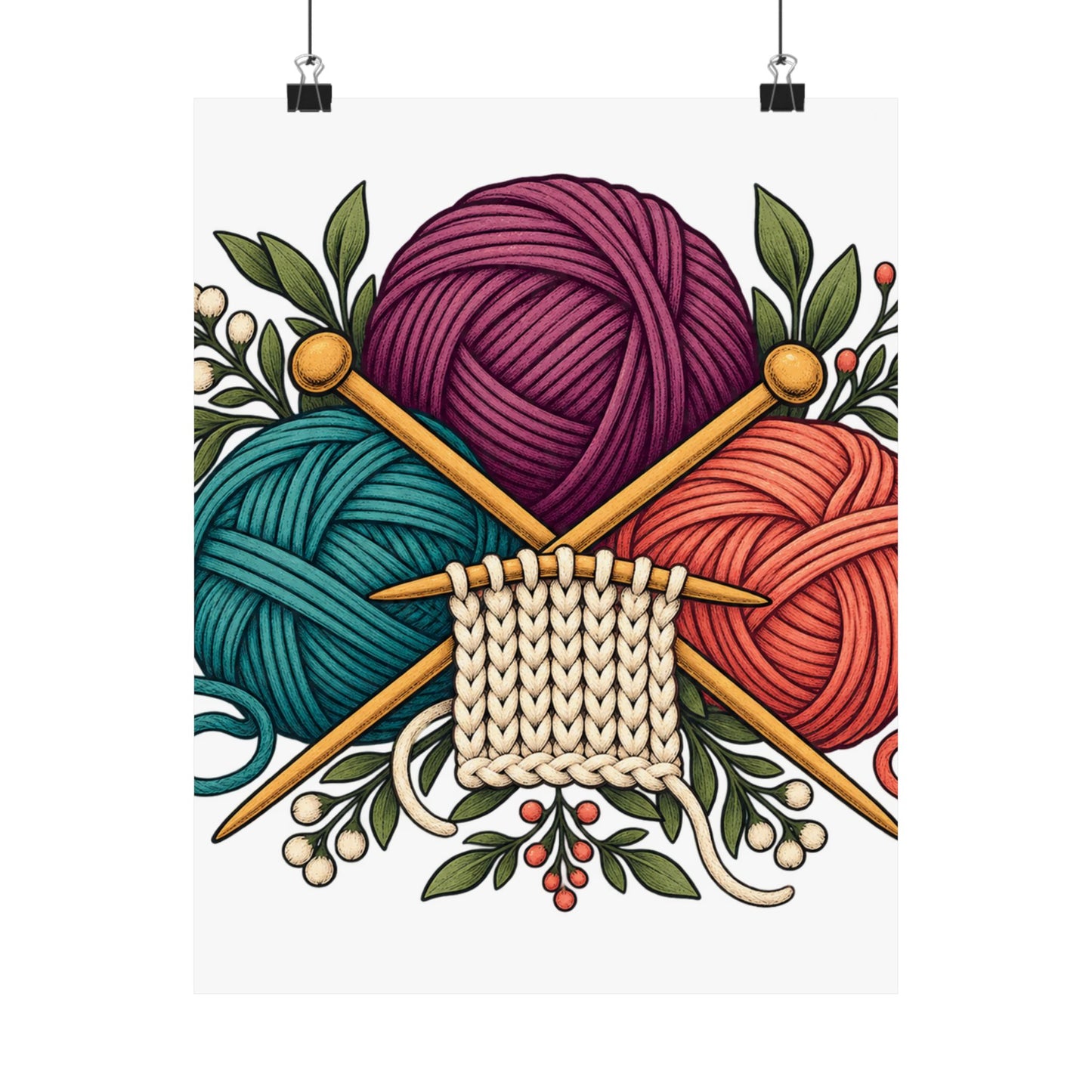 Retro Yarn and Knitting Botanical Art Poster