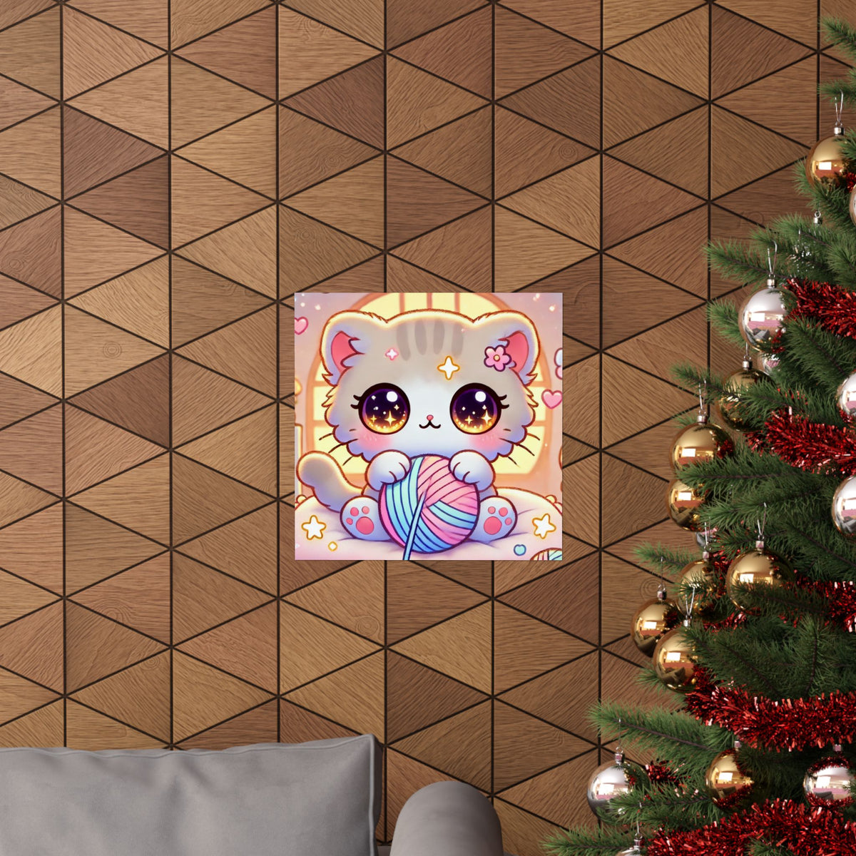 Cozy Kawaii Knitting Cat Pastel Yarn Wall Art Poster