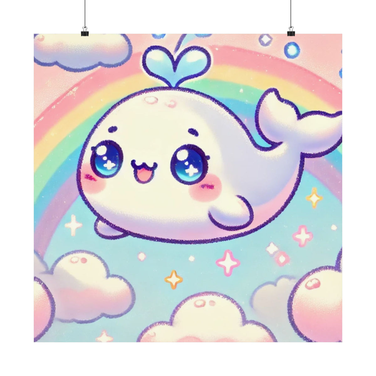 Kawaii Rainbow Whale Pastel Cloud Wall Art Poster