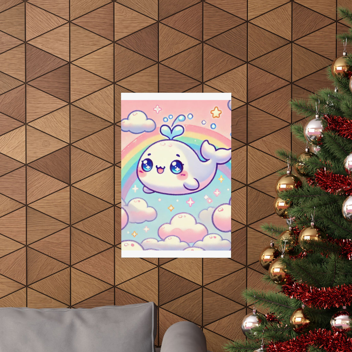 Kawaii Rainbow Whale Pastel Cloud Wall Art Poster