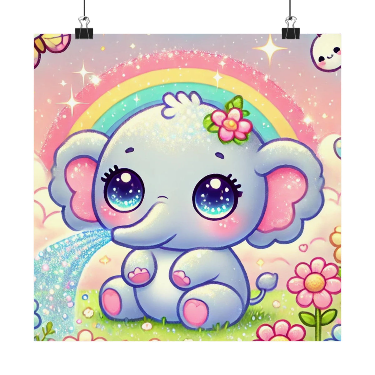 Pastel Rainbow Baby Elephant Floral Wall Art Poster