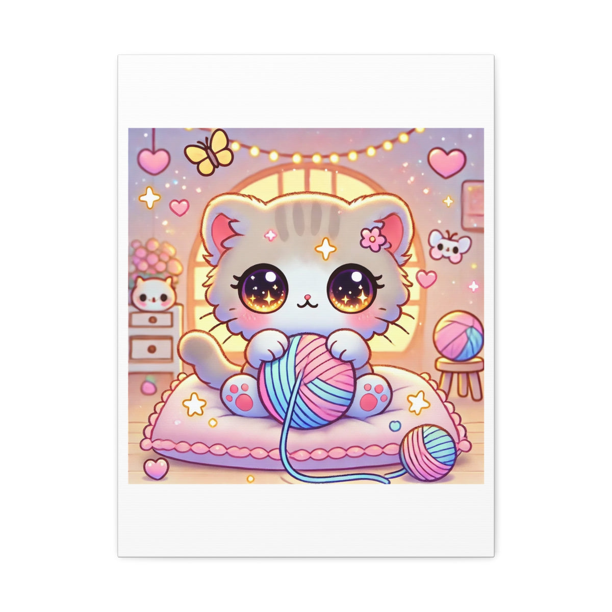 Cozy Kawaii Knitting Cat Pastel Yarn Canvas Wall Art