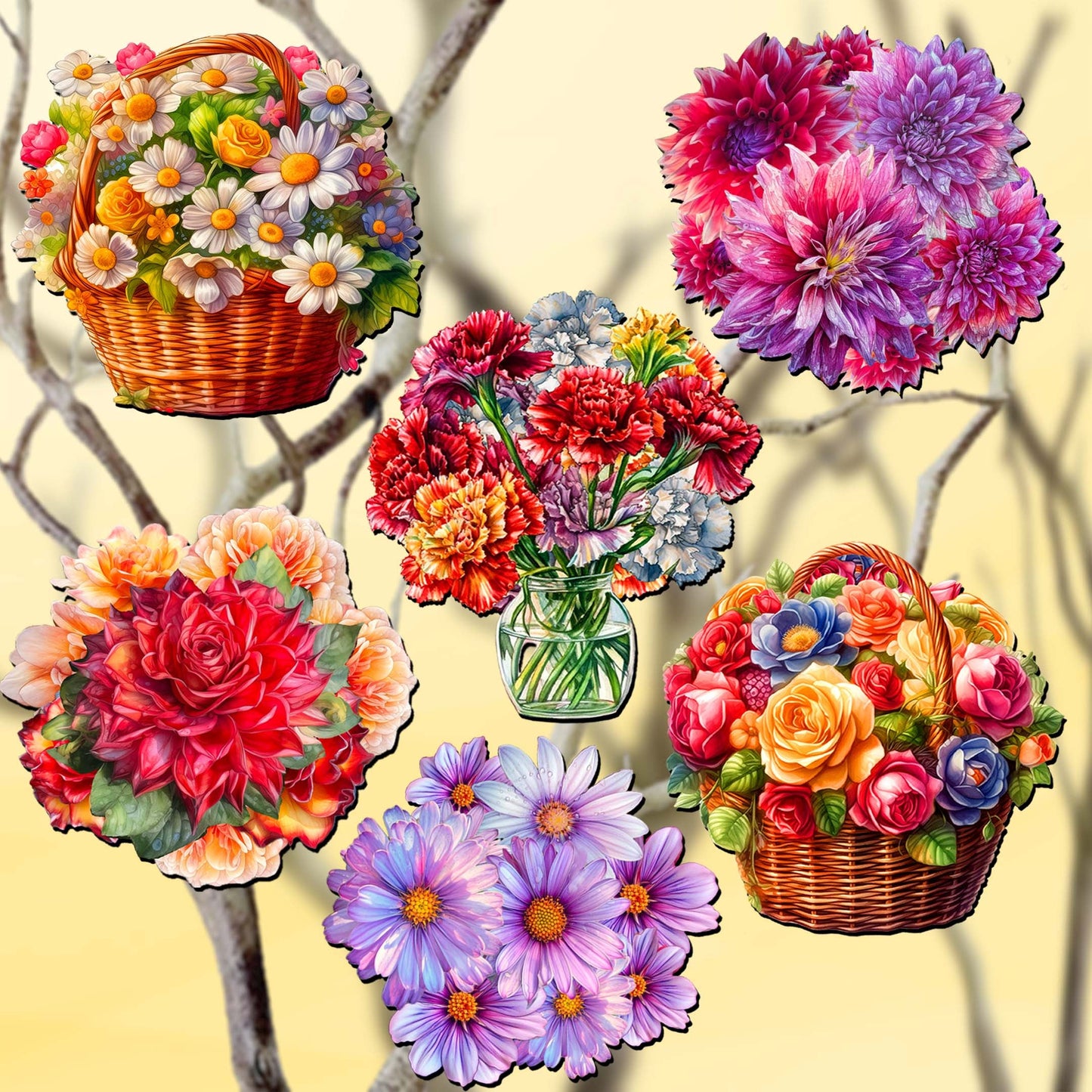 Flowers Clip-On Eco Wood Decorative Ornaments Set of 6 by G. Debrekht - Love Family Décor - 8090076C-S6