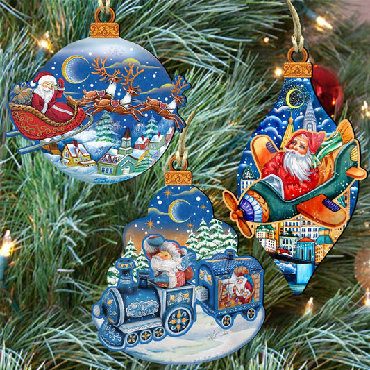 Traveling Santa Wooden Ornaments Set of 3 by G. DeBrekht - Christmas Santa Snowman Décor - 8100001S3