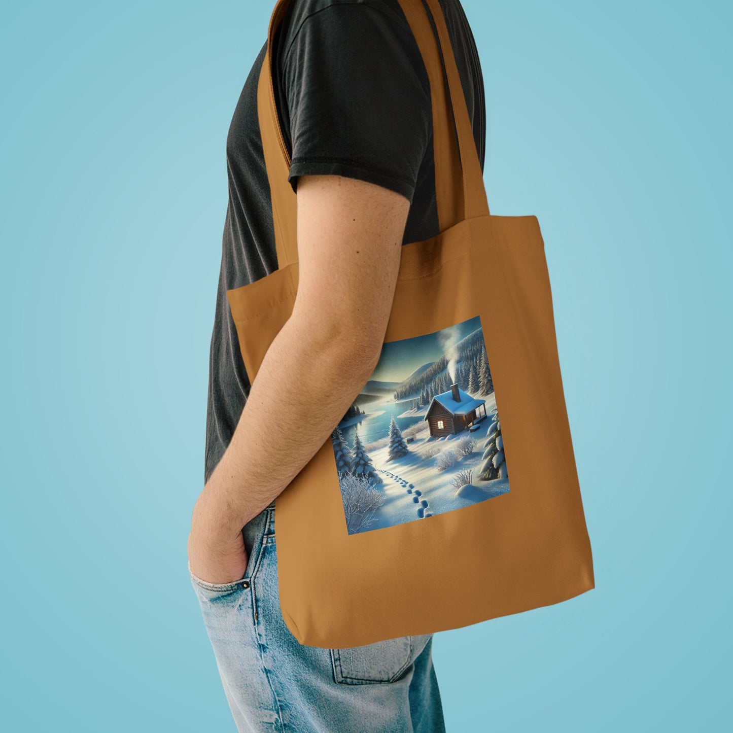Snowy Cabin Winter Lake Landscape Art Tote Bag