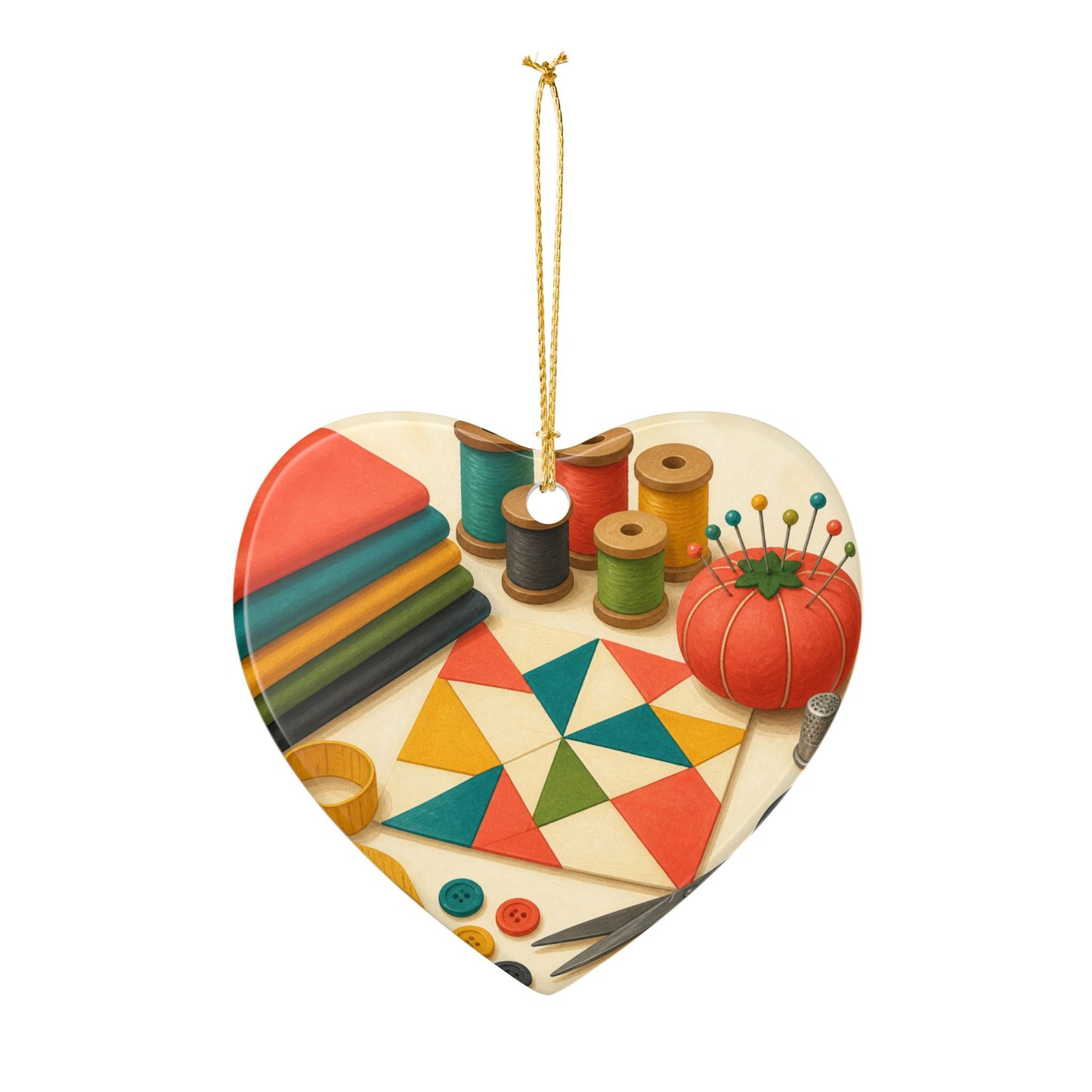 Colorful Sewing and Quilting Hobby Art Ceramic Ornament, Holiday Keepsake and Gi
