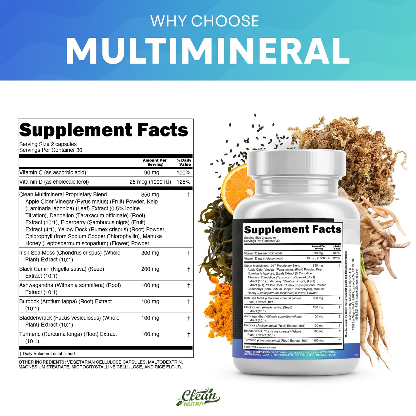 2 Pack Clean Nutraceuticals Sea Moss Black Seed Oil Ashwagandha Turmeric Bladderwrack Burdock & Vitamin C Vitamin D3 with Elderberry Manuka Dandelion Yellow Dock Iodine Chlorophyll ACV