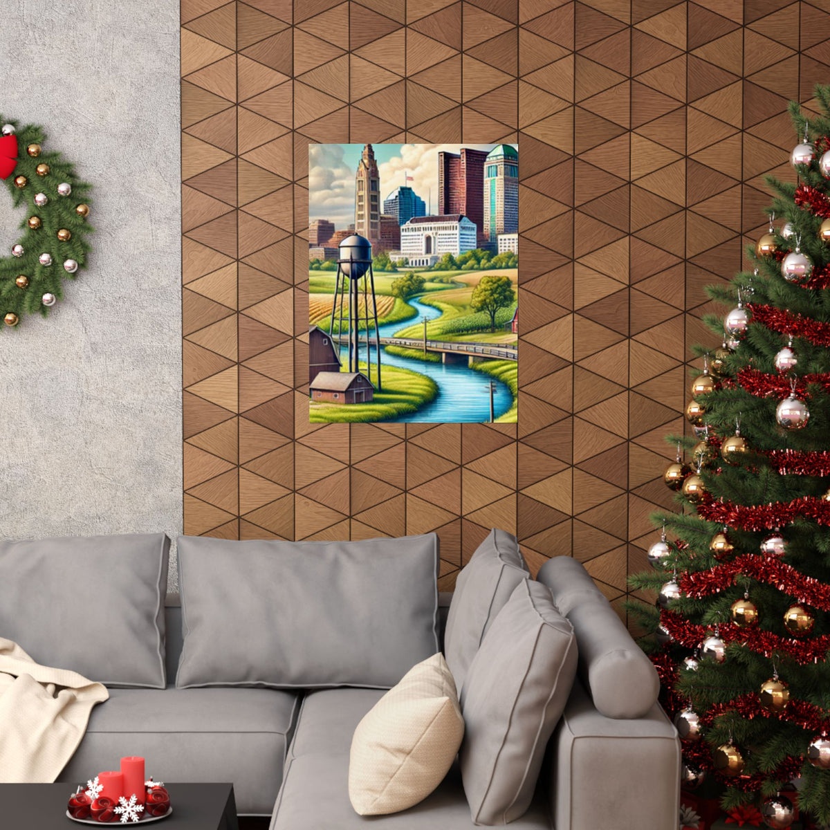 Rural River City Skyline Hometown Landscape Poster Art