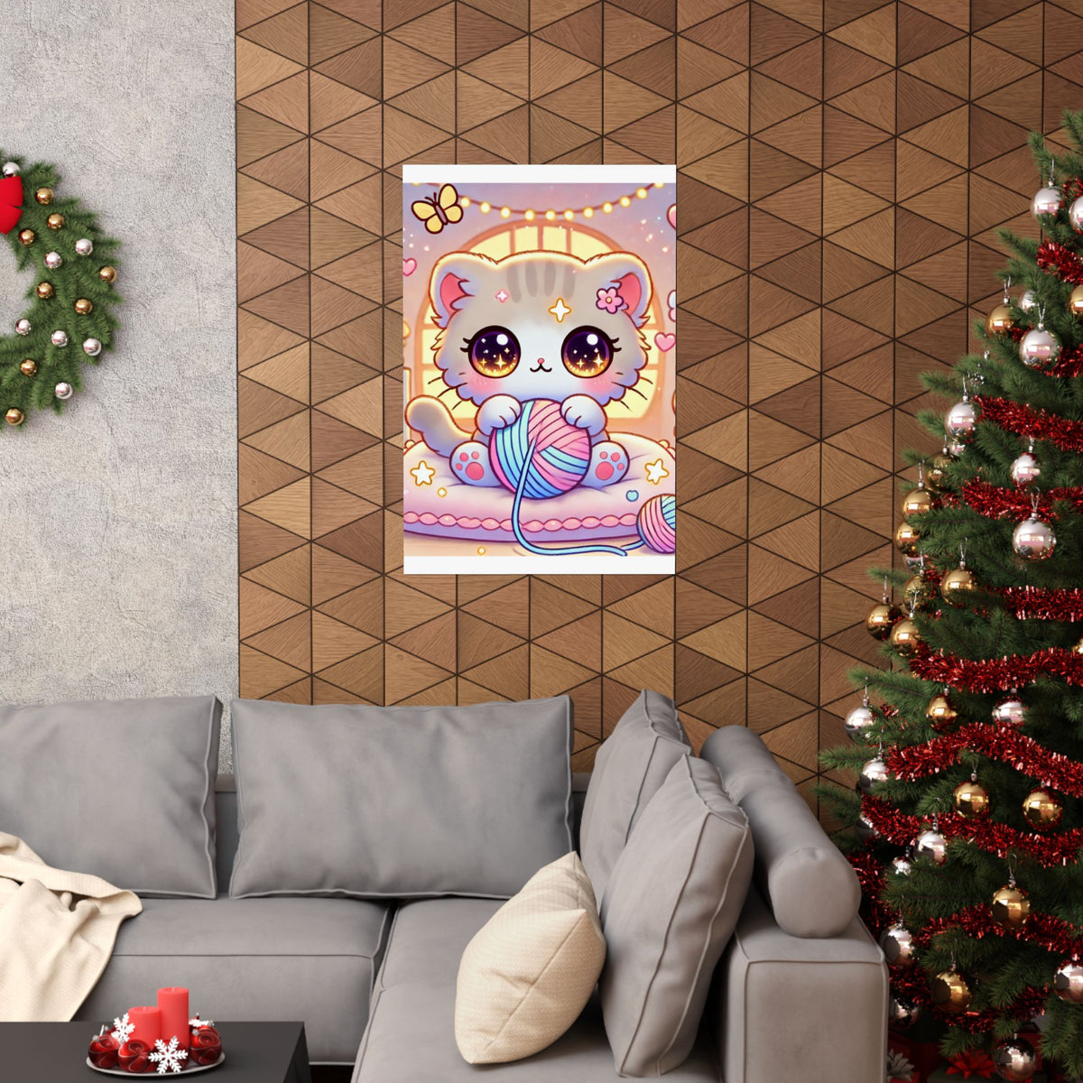 Cozy Kawaii Knitting Cat Pastel Yarn Wall Art Poster