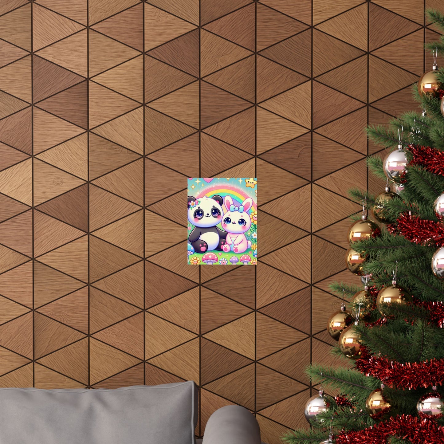 Pastel Panda and Bunny Rainbow Garden Wall Art Poster