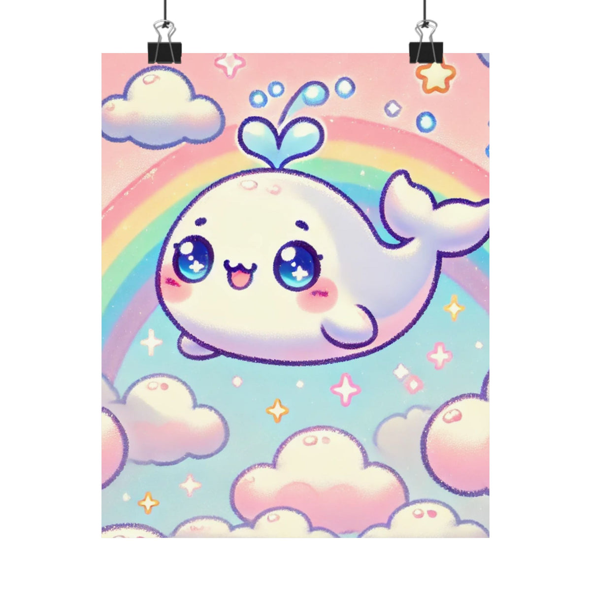 Kawaii Rainbow Whale Pastel Cloud Wall Art Poster
