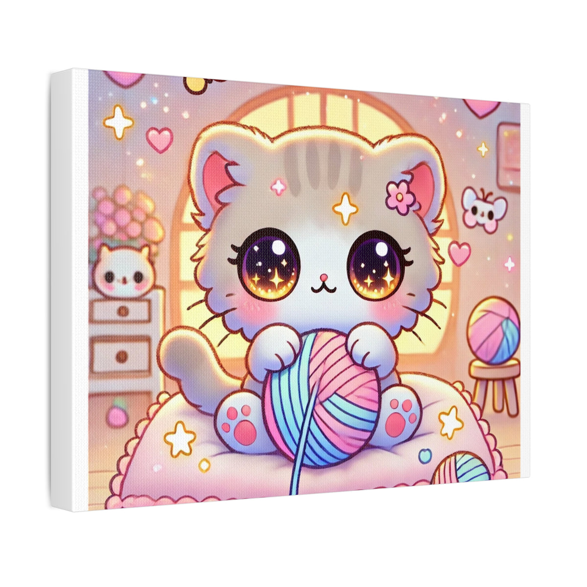 Cozy Kawaii Knitting Cat Pastel Yarn Canvas Wall Art