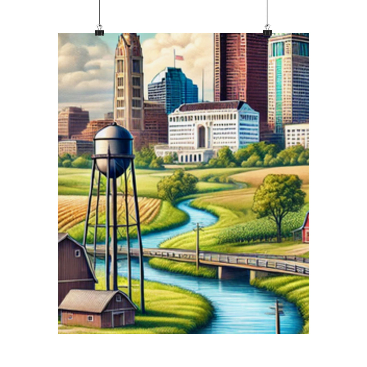 Rural River City Skyline Hometown Landscape Poster Art