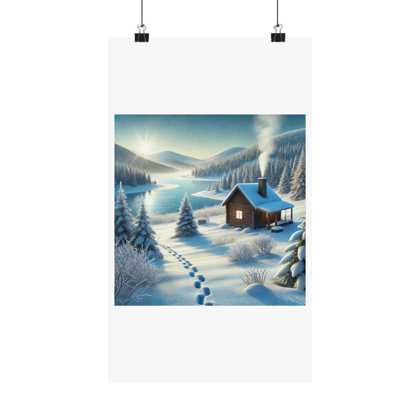 Snowy Cabin Winter Lake Landscape Art Poster