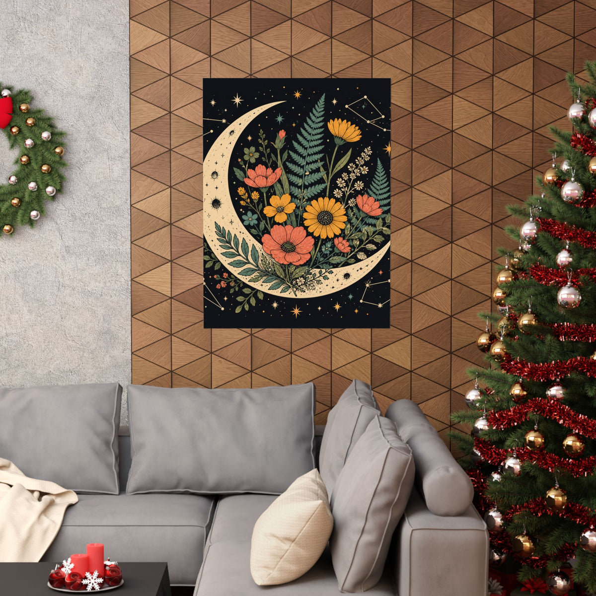Celestial Wildflower Crescent Moon Botanical Art Poster