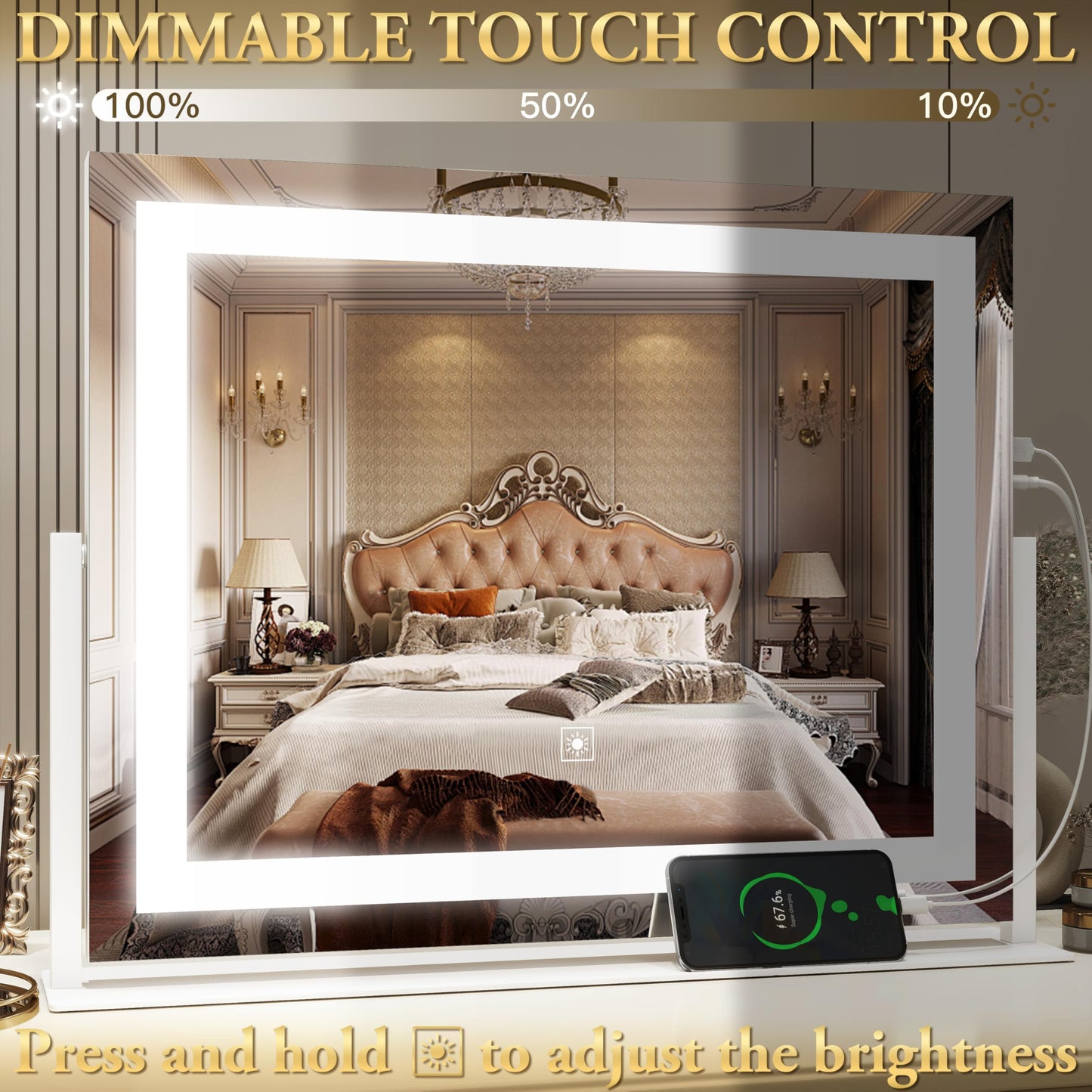 FENNIO Vanity Mirror with Lights 22''x18'' Makeup Mirror with Lights,Lighted Makeup Mirror with 10X Magnification and USB，Smart Touch Screen with 3-Color Lighting,Dimmable（Square White）