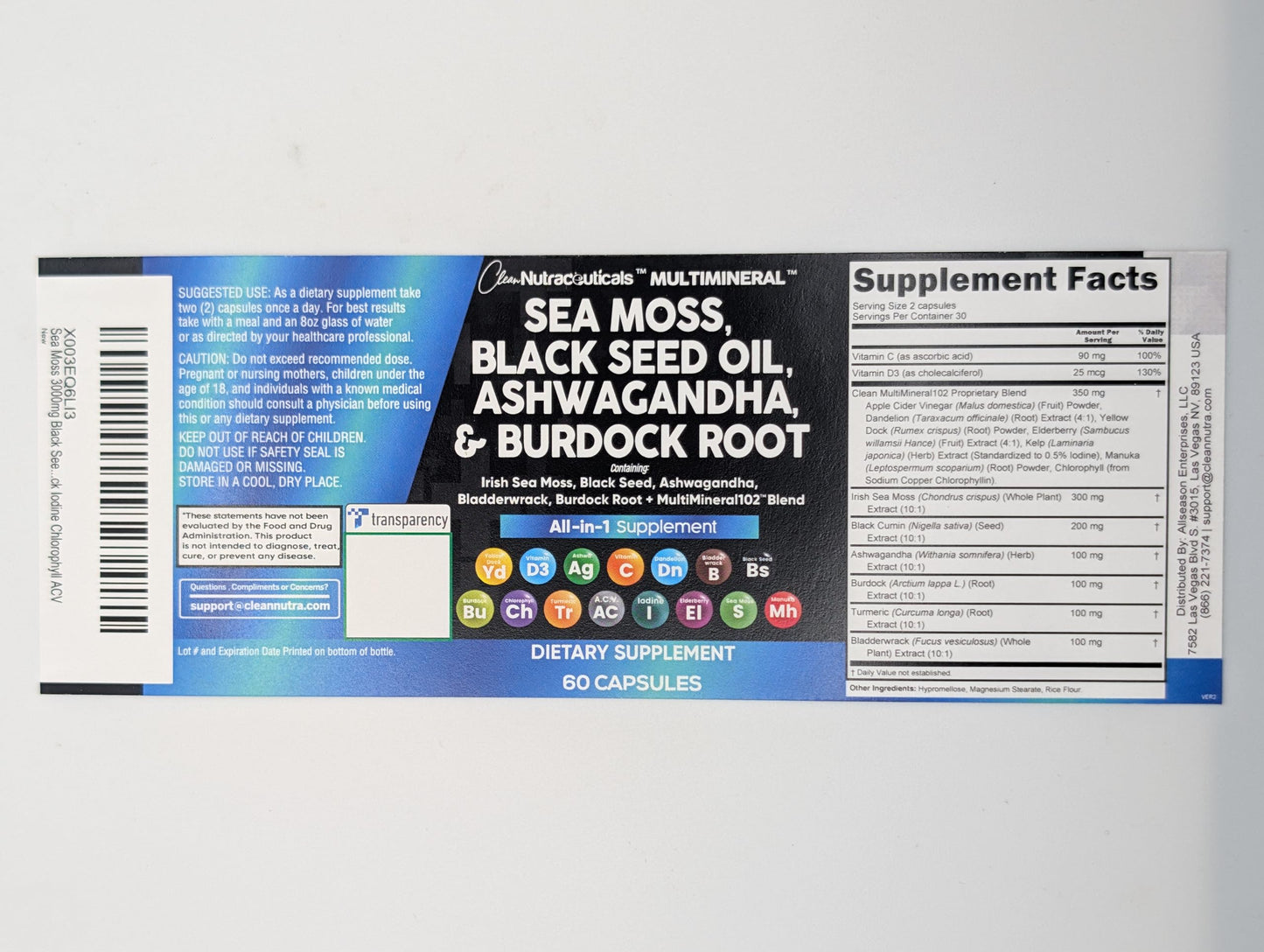 2 Pack Clean Nutraceuticals Sea Moss Black Seed Oil Ashwagandha Turmeric Bladderwrack Burdock & Vitamin C Vitamin D3 with Elderberry Manuka Dandelion Yellow Dock Iodine Chlorophyll ACV