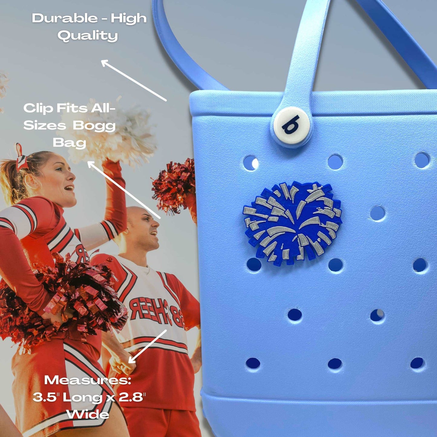 BOGLETS - Cheerleading Charm Compatible with Bogg Bags - Decorative Charm for Bogg Bags & Other Tote Bags (Blue Pom Pom)