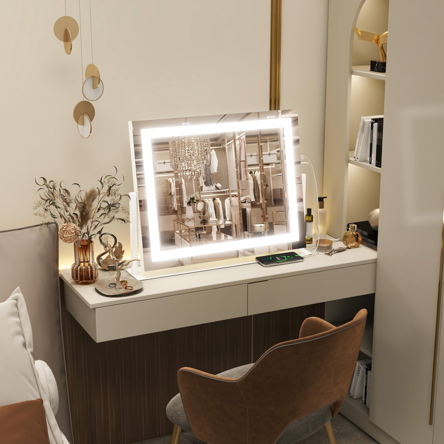 FENNIO Vanity Mirror with Lights 22''x18'' Makeup Mirror with Lights,Lighted Makeup Mirror with 10X Magnification and USB，Smart Touch Screen with 3-Color Lighting,Dimmable（Square White）