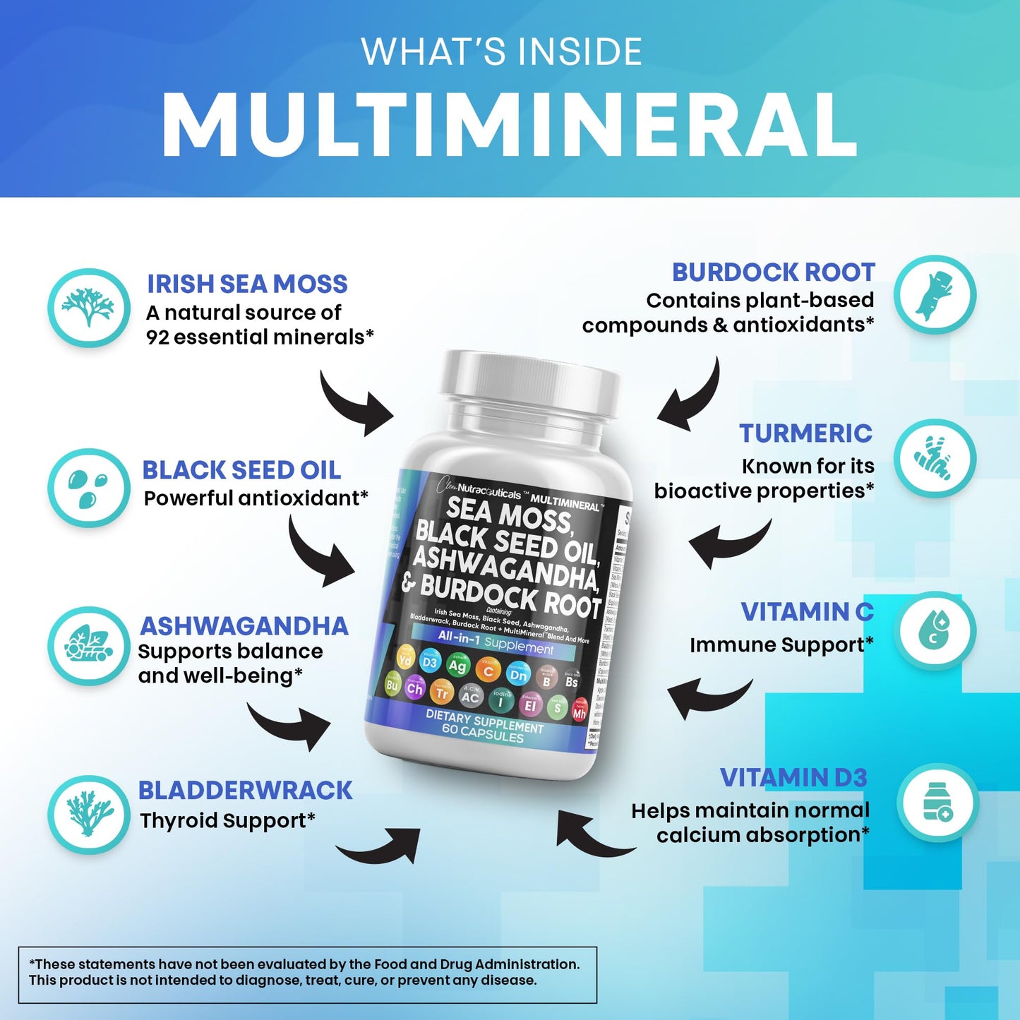 2 Pack Clean Nutraceuticals Sea Moss Black Seed Oil Ashwagandha Turmeric Bladderwrack Burdock & Vitamin C Vitamin D3 with Elderberry Manuka Dandelion Yellow Dock Iodine Chlorophyll ACV