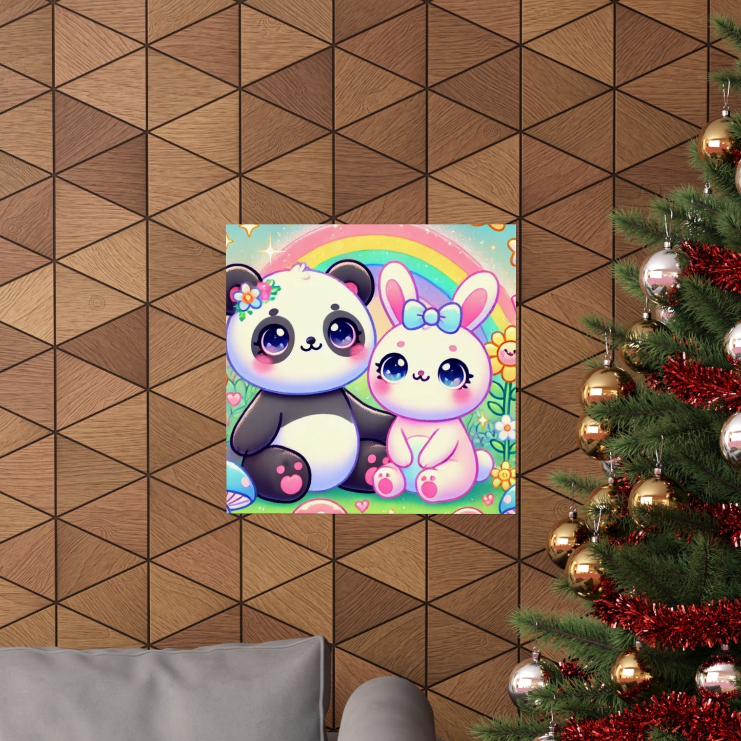 Pastel Panda and Bunny Rainbow Garden Wall Art Poster