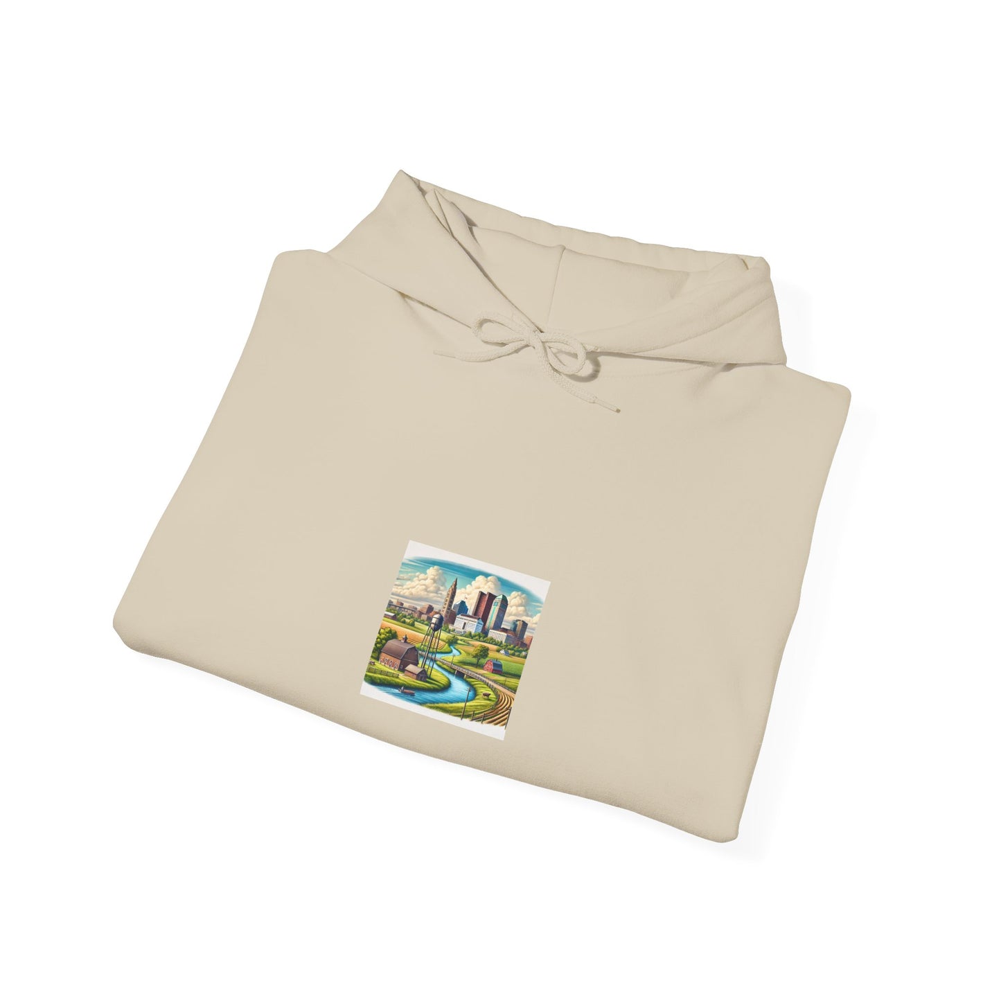 Rural River City Skyline Hometown Landscape Cozy Hoodie