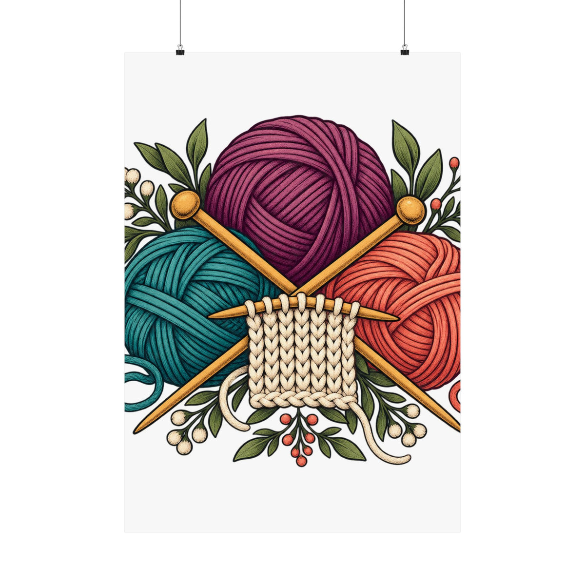 Retro Yarn and Knitting Botanical Art Poster