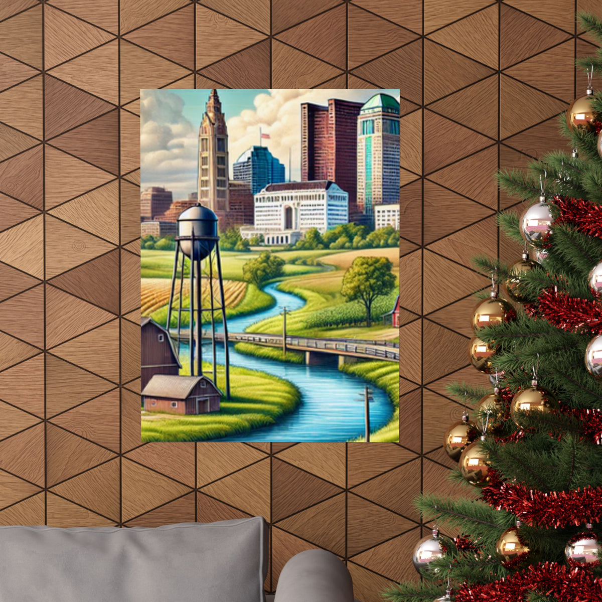 Rural River City Skyline Hometown Landscape Poster Art