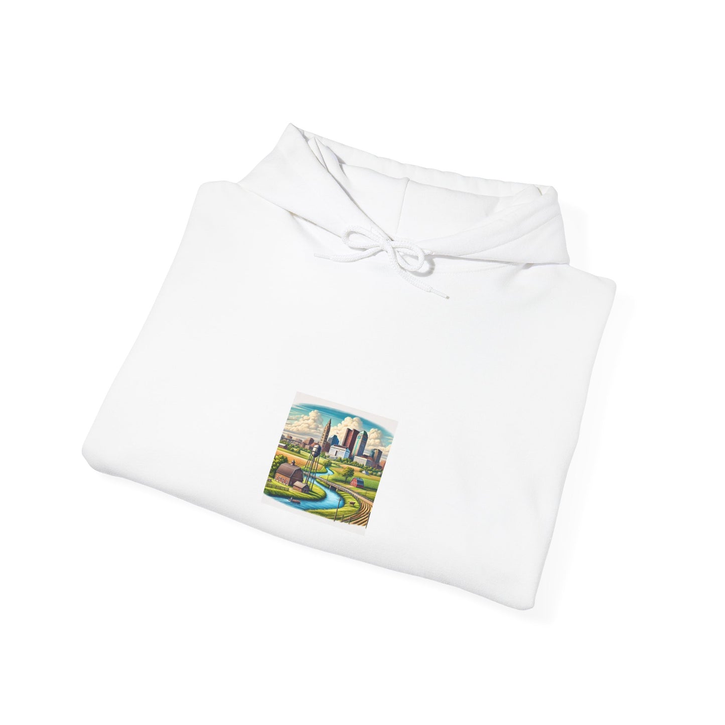Rural River City Skyline Hometown Landscape Cozy Hoodie