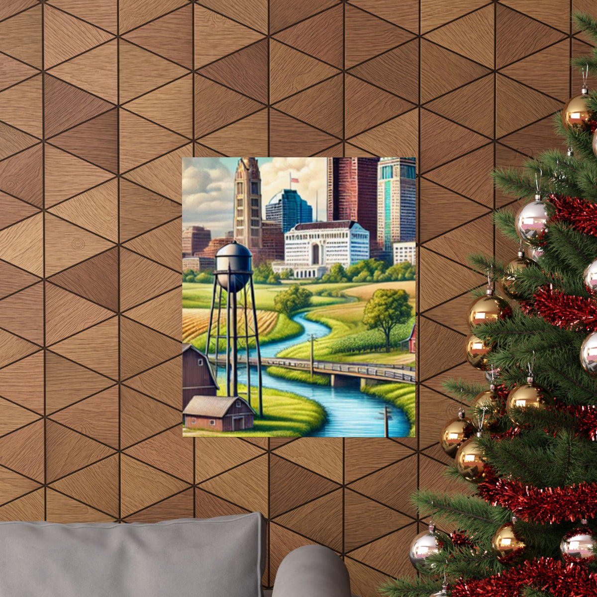 Rural River City Skyline Hometown Landscape Poster Art