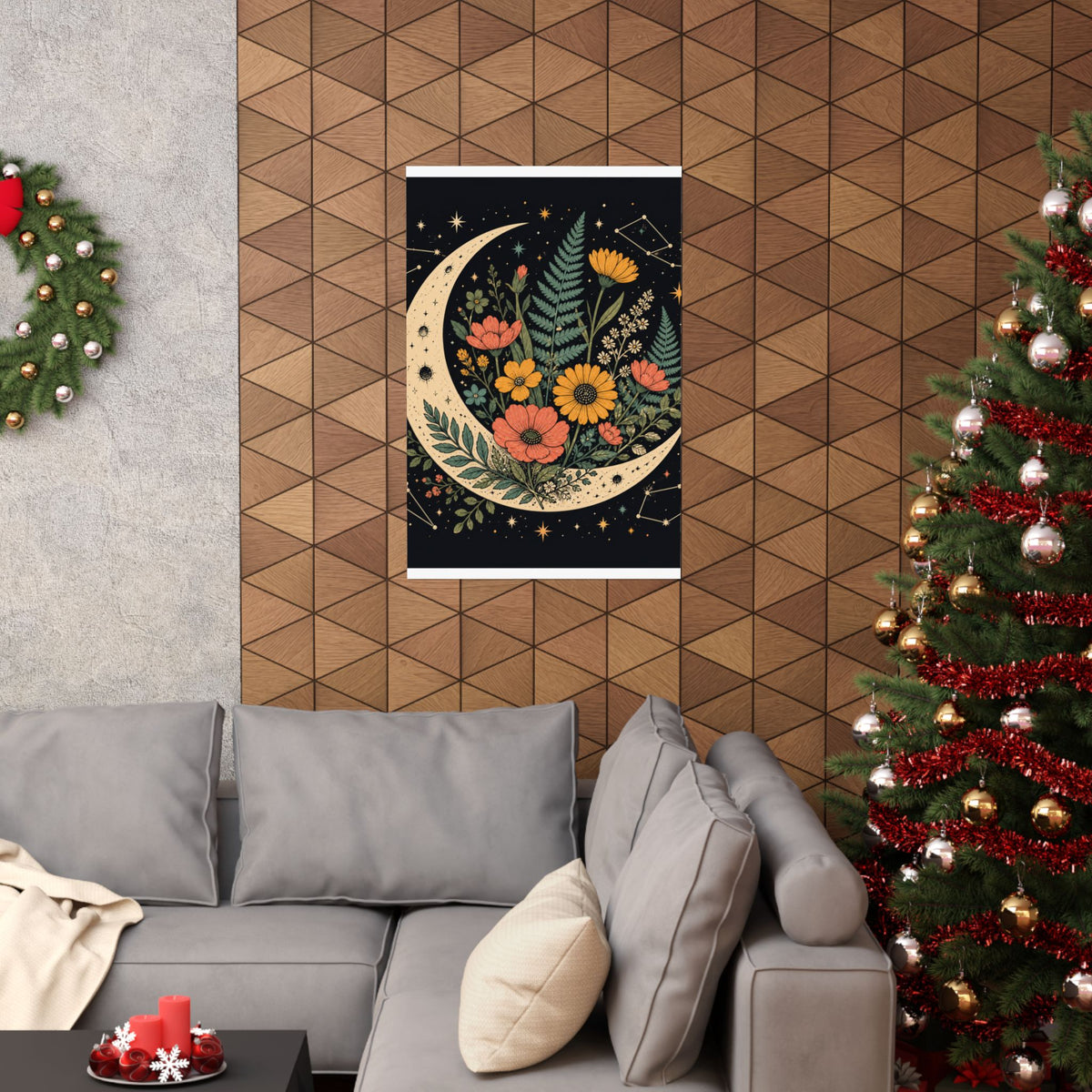 Celestial Wildflower Crescent Moon Botanical Art Poster