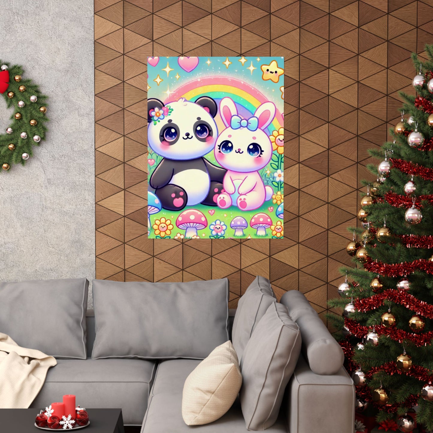 Pastel Panda and Bunny Rainbow Garden Wall Art Poster