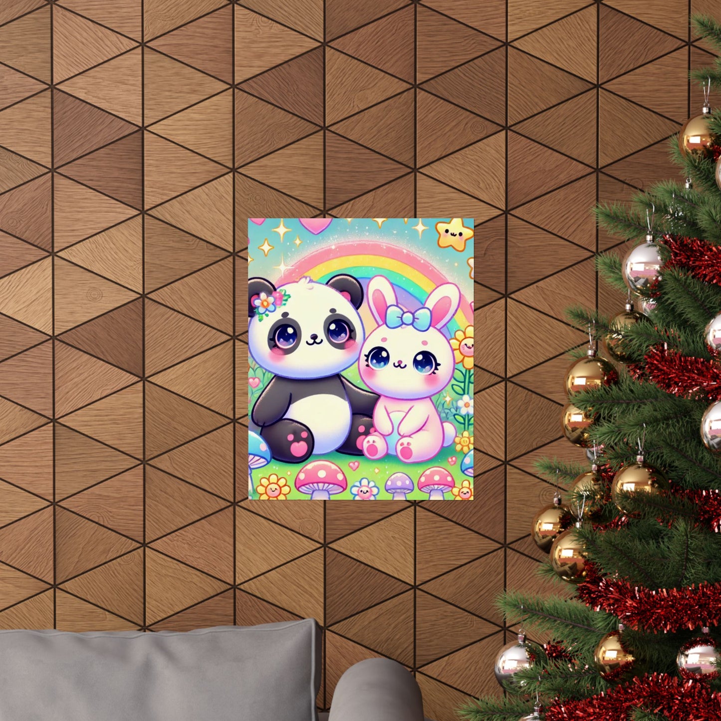 Pastel Panda and Bunny Rainbow Garden Wall Art Poster