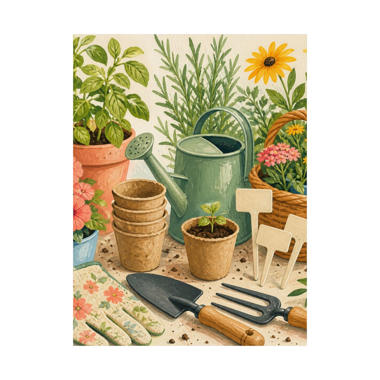 Colorful Gardening Tools and Flowers Hobby Poster