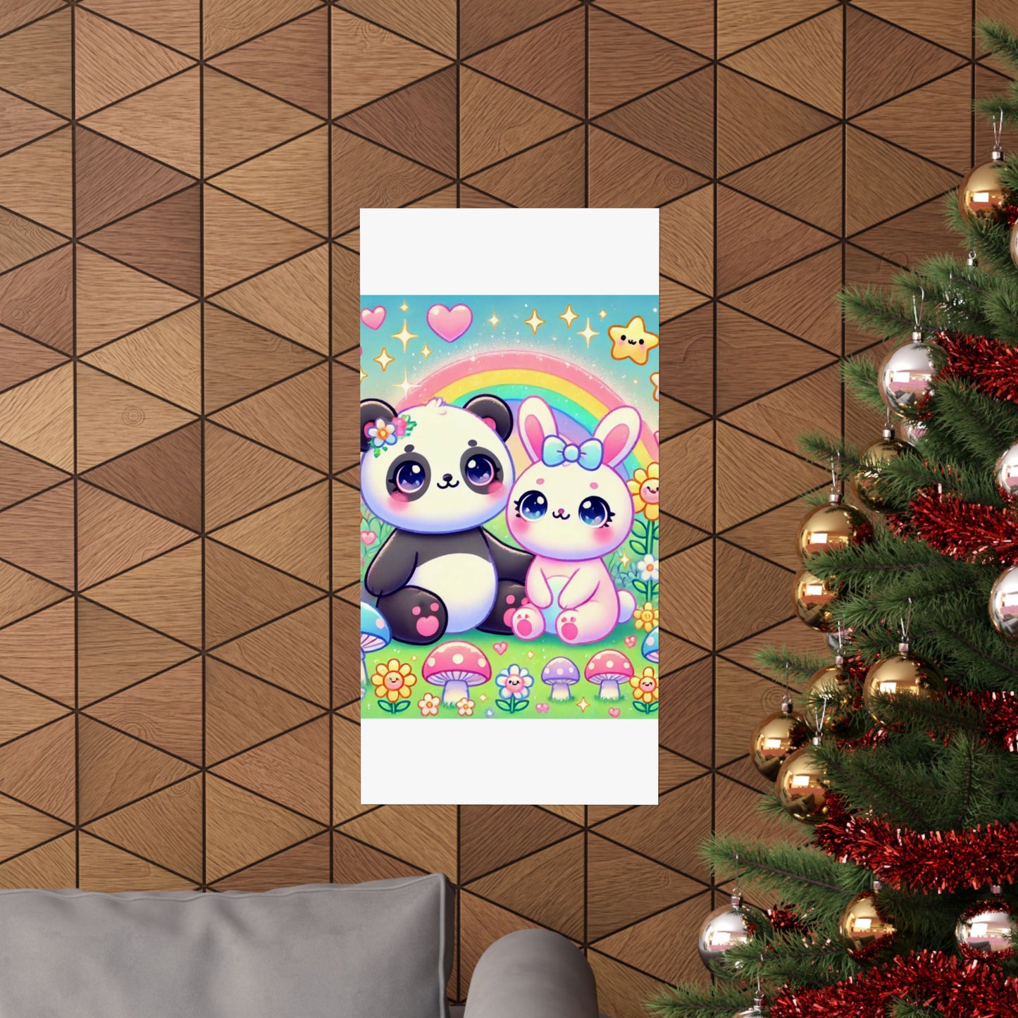 Pastel Panda and Bunny Rainbow Garden Wall Art Poster