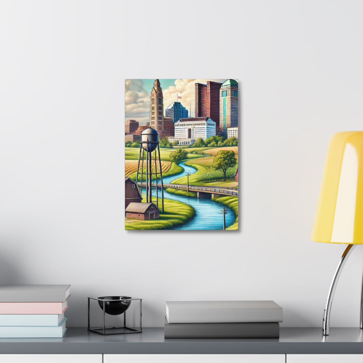 Rural River City Skyline Hometown Landscape Canvas Wall Art