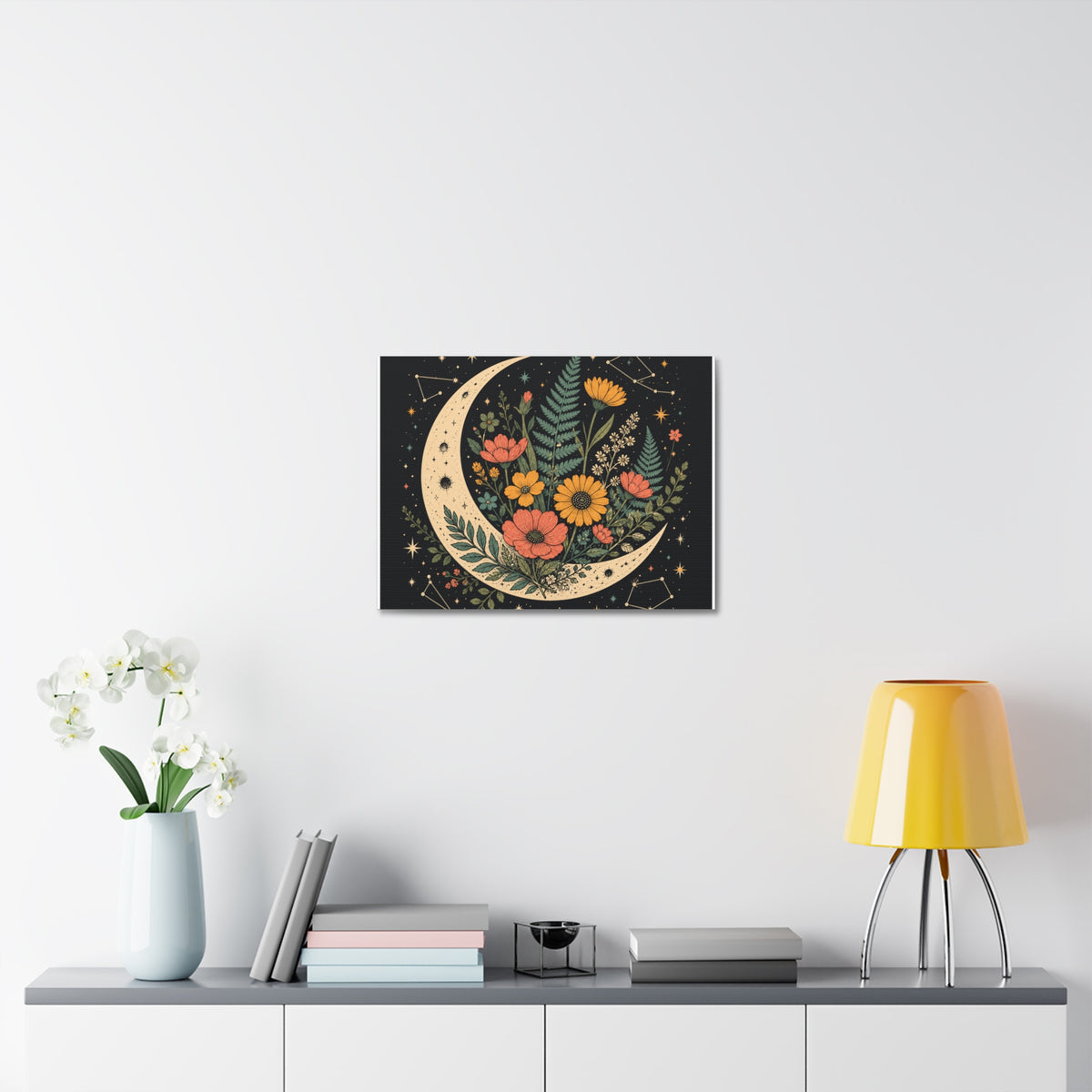 Celestial Wildflower Crescent Moon Botanical Canvas Art