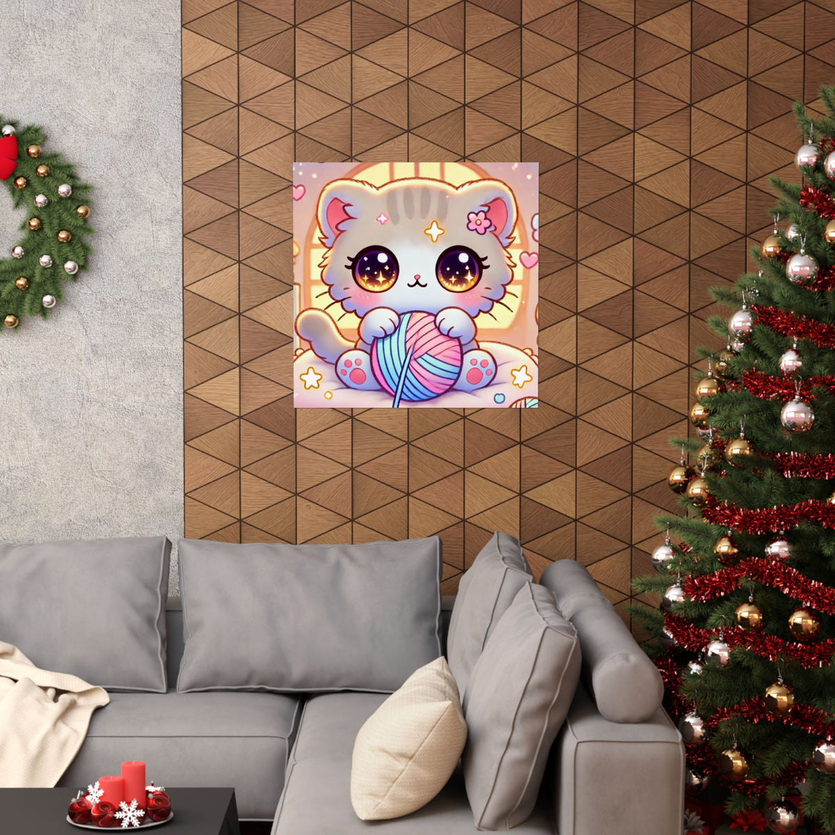 Cozy Kawaii Knitting Cat Pastel Yarn Wall Art Poster