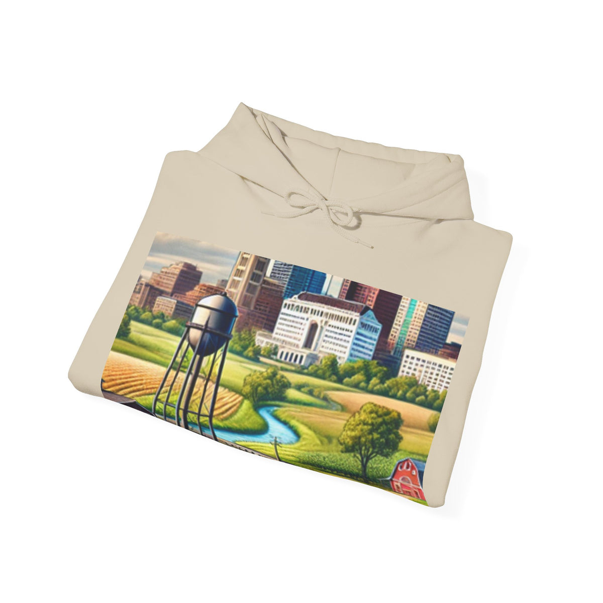 Rural River City Skyline Hometown Landscape Cozy Hoodie