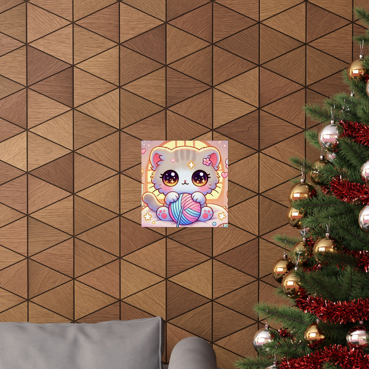 Cozy Kawaii Knitting Cat Pastel Yarn Wall Art Poster
