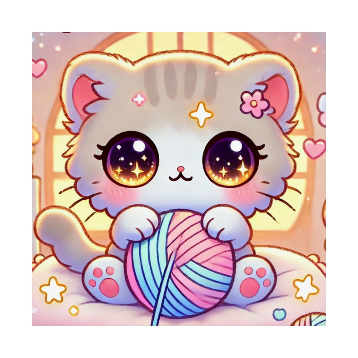 Cozy Kawaii Knitting Cat Pastel Yarn Wall Art Poster