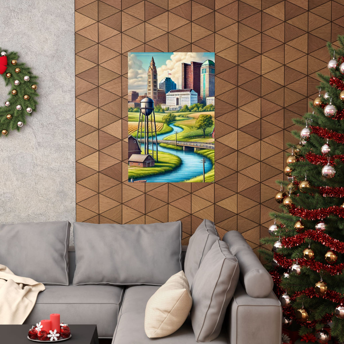 Rural River City Skyline Hometown Landscape Poster Art