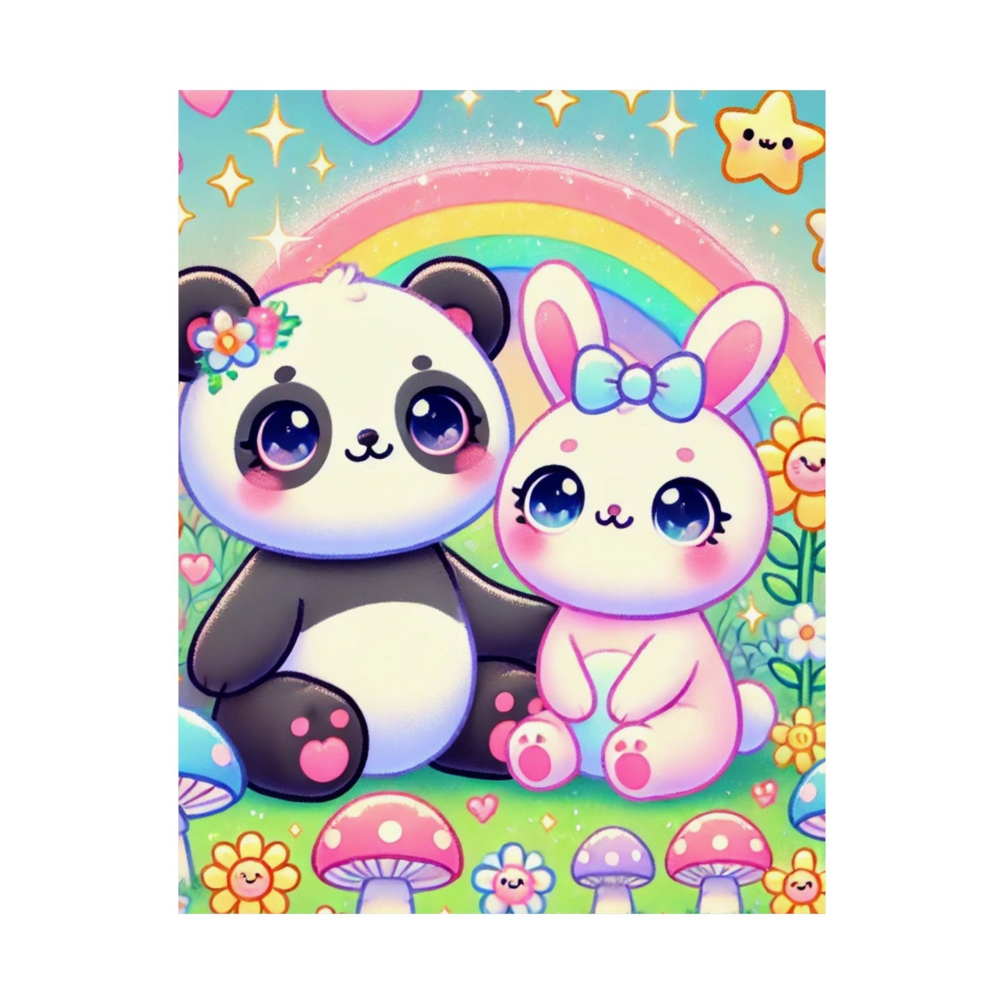Pastel Panda and Bunny Rainbow Garden Wall Art Poster