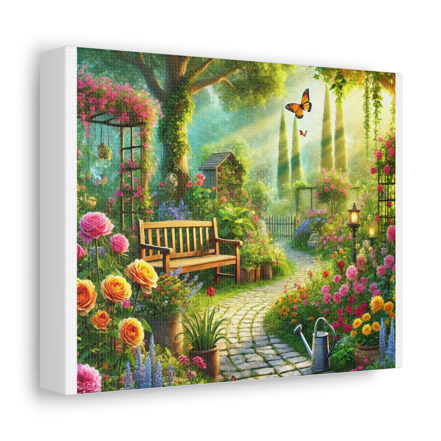 Sunlit Spring Flower Garden Bench Canvas