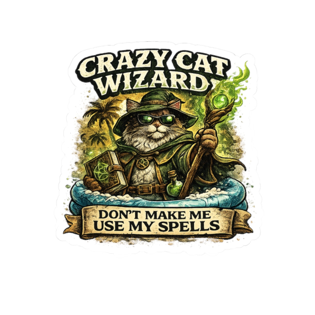 Crazy Cat Wizard Funny Fantasy Magic Sticker