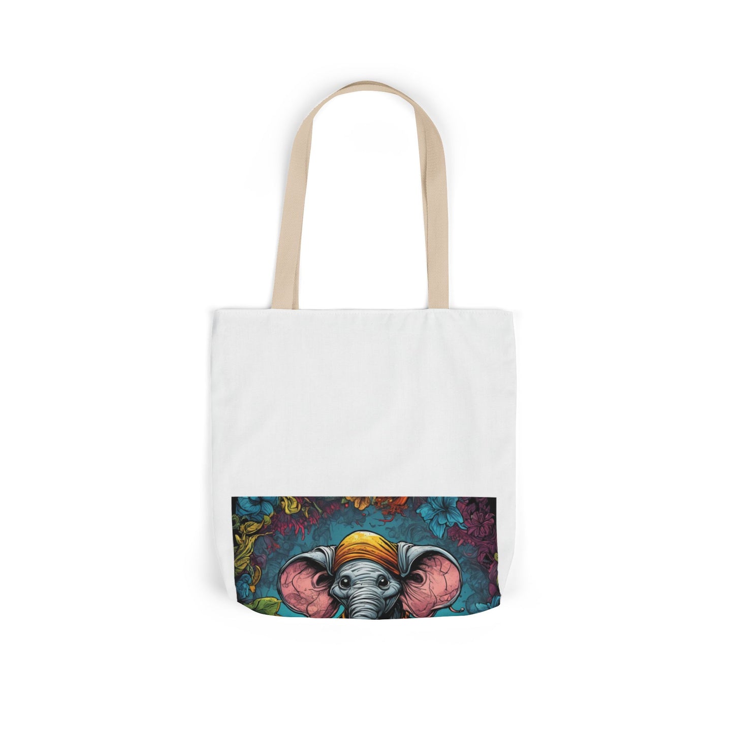 Colorful Storybook Elephant Floral Canvas Tote Bag