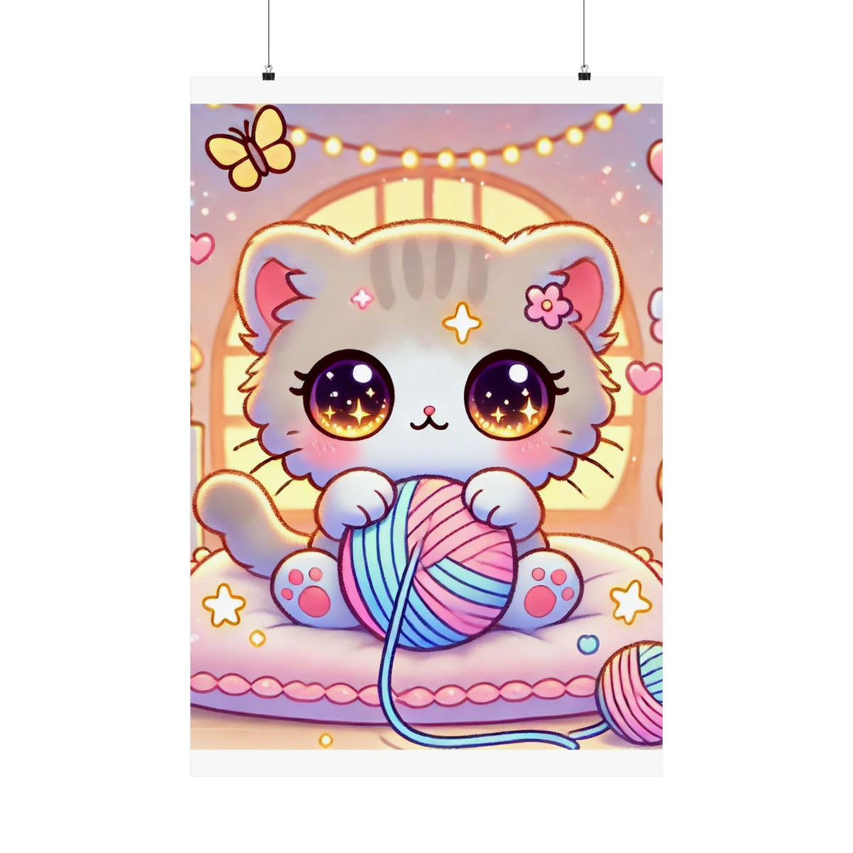 Cozy Kawaii Knitting Cat Pastel Yarn Wall Art Poster